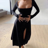 Gorunrun-Square Neck Maxi Dress for Women Elegant Party Evening Robe 2024 Autumn Fashion Sexy Slim Fit Split Long Sleeve dress