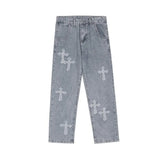 Men's Stylish Cross Patch Street Jeans Hip Hop Streetwear Straight Loose Vintage High Street Man Baggy Denim Wide Leg Trousers