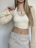 GORUNRUN Hollow Out Knit Cover up Pullover For Women Loose Beach Holiday High Waist Crop top Knitwear Sexy Long Sleeve Pullover New