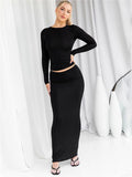 GORUNRUN Long Sleeve Casual Female 2 Piece-Set Slim High Waist Long Skirt And Crop top Outfits Solid Patchwork Maxi Skirt Sets 2023