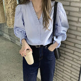 GORUNRUN-Elegant Blue Shirts Women V Neck White Puff Long Sleeve Blouses Streetwear Korean Fashion Casual All Match Tops Spring Autumn