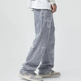 Men's Stylish Cross Patch Street Jeans Hip Hop Streetwear Straight Loose Vintage High Street Man Baggy Denim Wide Leg Trousers