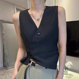 GORUNRUN-Elegant Black Blazer Vest Women Asymmetrical Crop Suit Waistcoat Jackets V Neck Sleeveless Coat Korean Hollow Out Outwears Tops