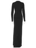 GORUNRUN Black V-Neck Hollow Out Maxi Dress Women's Sexy Slim High Split Long Sleeve Party Dress Fashion See-Through Long Dress New