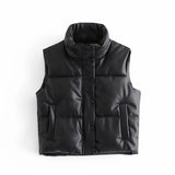 GORUNRUN-Puffy Vest Women Streetwear Winter Thick Parkas Jacket Black Pu Female Coats Faux Leather Down Waistcoat Fashion Loose Lady Vest