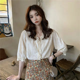 GORUNRUN-Vintage Lace Shirts Women Sweet Elegant Hollow Out Short Sleeve Blouses Summer Korean Ladies V Neck Patchwork All Match Tops New