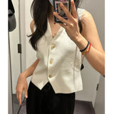 GORUNRUN-V-neck Knitted Suit Vest Women Black Beige 2023 Summer Sleeveless Corset Vest Tops