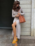 GORUNRUN Knit Off-Shoulder Slim Maxi Dress For Women Elegant Side Split Scoop Neck Knitwear Dress Outfits Long Sleeve Female Dress