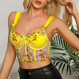 GORUNRUN-Bowknot Fishbone Crop Top Yellow Corset Tank Tops Back Buckle Women Clothes Summer Sexy V-neck Bustier with Underwire Slim Camis