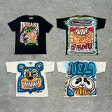 Y2K Summer Unique Abstract Art 100% Cotton Hip Hop Loose Top Men's Street Trend Large Cartoon Casual Couple T-shirt Kawaii Tops