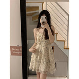 Gorunrun-hoco dresses -hoco dresses -Sweet Floral Mini Dress Women Korean Ruffles Spaghetti Strap One Pieces Dresses Vacation Beach Fashion Bodycon A Line Vestidos