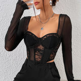 GORUNRUN-Summer Chic Sexy Long Sleeve Mesh Cropped Tops Women Black V Neck Lace Hollow Out Top Slim Lingerie Bodices Blouses Net Clothes