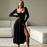 Gorunrun-Square Neck Maxi Dress for Women Elegant Party Evening Robe 2024 Autumn Fashion Sexy Slim Fit Split Long Sleeve dress