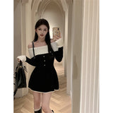 Gorunrun-hoco dresses -hoco dresses -Y2K Slash Neck Knitted Mini Dress Women Strap A Line Sweater Dresses Korean Party Sexy Off Shoulder Patchwork Bodycon Vestidos