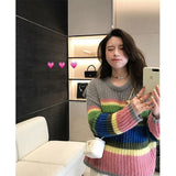 GORUNRUN-Y2K Striped Sweater Women Rainbow Patchwork Knitted Jumper Streetwear Harajuku Oversized Casual Knitwear Korean Pullovers Tops