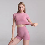 GORUNRUN-2PCS Seamless Women Yoga Set Workout Sportswear Gym Clothing Fitness Short Sleeve Shirt Crop Top High Waist Shorts  Sports Suits