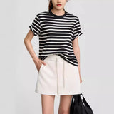 GORUNRUN-Round Neck Contrasting Stripes Casual Short Sleeved T-shirt 2024 Summer Pure Cotton Tee