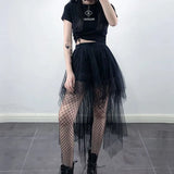 GORUNRUN Gothic Black Tulle Skirt Women Summer Fashion High Waist Streetwear Irregular Midi Skirts Chic Dark Series Punk Stitching Skirts