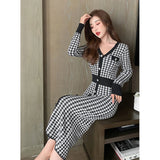 GORUNRUN-Vintage Plaid Knitted Midi Dress Women Bird Lattice Sweater A Line Dresses Korean Elegant V Neck Patchwork Bodycon Vestidos New