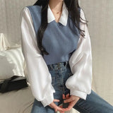 Gorunrun-False Two-piece Polo Collar Women's Blouse Spring Casual Korean Shirt Y2k Tops Streetwear Loose Female Pullovers Elegant Blouses