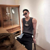 Gorunrun-Metal Letter Hollow Out Vest Men's Summer Thin Style Korean Trendy Design Knit No Sleeve Top Casual Scene Applicable