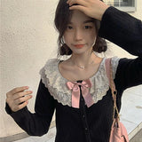 GORUNRUN-Hotsweet Lace Women Bow Long Sleeve Tshirts Kawaii Y2K Black Ballet Camisetas Aesthetic Sweet Crop Tops Tees Slim High Waist