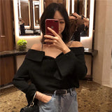 GORUNRUN-Streetwear Slash Neck Shirts Women Korean Elegant Chain Black Long Sleeve Blouses Office Lady Fashion Sexy Off Shoulder Tops New