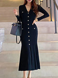 GORUNRUN Black V-Neck Knitwear Long Dress For Women Casual Elegant Autumn Slim High Waist Party Dress Knit Fashion Long Dress New