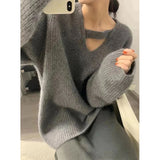 GORUNRUN-Streetwear Oversized Sweater Women Vintage Sexy Hollow Out Knitted Pullovers Korean V Neck Knitwear Autumn Winter Loose Jumpers