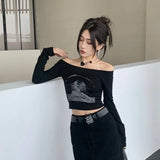 GORUNRUN-Black Slash Neck Tops High Waist Letter Print Tshirts Skinny Crop Top Women Off Shoulder Sexy Long Sleeve Camisetas Y2k Tees