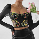 GORUNRUN-Embroidery Flower Corset Crop Tops Long Sleeves Camisole Black Lace Summer Streetwear Women Slim Sheer Tank Top Lingerie Bustier