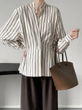 Gorunrun- Women Striped Pocket Irregular Elegant Blouse New V-neck Long Sleeve Loose Fit Shirt Fashion Spring Autumn