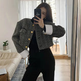 GORUNRUN-Vintage Tweed Jacket Women Elegant Patchwork Cropped Blazer Korean Single Breasted Short Coat Office Lady All Match Outerwear