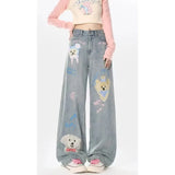 GORUNRUN-Y2K Style Light Blue Cartoon Graffiti Printed Jeans For Women Loose Fitting Straight Leg Pants Streetwear Women Versatile Slouchy Jeans