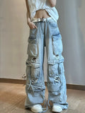 Gorunrun-Light blue washed ripped multi-pocket high street cargo pants women 2024 aesthetic fashion American retro wide leg baggy jeans