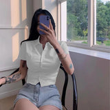 GORUNRUN-White Basic Shirts Women Preppy Short Sleeve Slim Blouses Student Streetwear Korean Sexy Crop Tops Office Lady Casual Work Wear