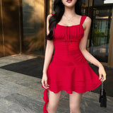 Gorunrun-Sexy Backless Lace up Strapless Sling Dresses for Summer Women's Dress 2024 New Elegant High Waist Solid Red Ruffled Mini Dress