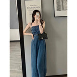 GORUNRUN-Denim Overalls Women Belt Wide Leg Jumpsuits Streetwear Korean Suspender Pants High Waist Sleeveless Strap Jeans Trousers New