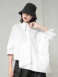 Gorunrun- Women White Irregular Big Size Casual Blouse New Lapel Three-quarter Sleeve Shirt Fashion Tide Spring Autumn