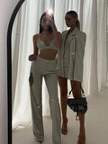 GORUNRUN Glitter Silver Party Two Piece Pants Set Women Club Night Outfits Fashion Sparkly Blazer Matching Sets Femme Tracksuit