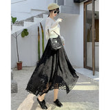 GORUNRUN-Elegant Lace Mesh Midi Skirt Women Fashion White Tulle Pleated Skirts Summer Streetwear Korean High Waist Black A Line Skirt New