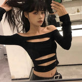 GORUNRUN-Black Slash Neck Off Shoulder Tees Sexy High Waist Crop Tops Long Sleeve Elegant Hollow Out Y2k T-shirts Women Grunge Camisetas