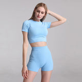 GORUNRUN-2PCS Seamless Women Yoga Set Workout Sportswear Gym Clothing Fitness Short Sleeve Shirt Crop Top High Waist Shorts  Sports Suits