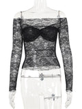 GORUNRUN Black Lace See-Through T-shirt Top For Women Long Sleeve Off-Shoulder Sexy Printed Hollow Out Female Cropped Top Pullover