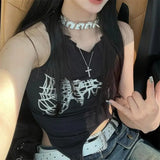 GORUNRUN-Summer Spider Web Print Tank Tops Aesthetic Hollow Out Bandage Punk Vest Irregular Women Causal Basic Y2k Streetwear Crop Top