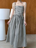 Gorunrun- Women Black Striped Elastic Pleated Elegant Long Strap Dress New Sleeveless Fashion Tide Spring Summer