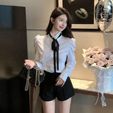 GORUNRUN-White Shirts Women Jk Preppy Tie Puff Long Sleeve Blouses Student Lolita Office Lady Korean Ruffles Slim All Match Crop Tops New