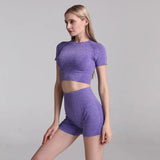 GORUNRUN-2PCS Seamless Women Yoga Set Workout Sportswear Gym Clothing Fitness Short Sleeve Shirt Crop Top High Waist Shorts  Sports Suits