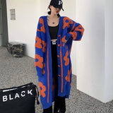 GORUNRUN-Streetwear Long Knitted Cardigan Women Flower Print Sweater Coat Harajuku Thick Oversized Knitwear Korean Jumpers Outerwear Tops