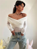 GORUNRUN V-Neck Summer Patchwork T-shirt Cropped Top For Women Fashion Mesh Long Sleeve Sexy Off-Shoulder Female Y2k Top Tee 2024